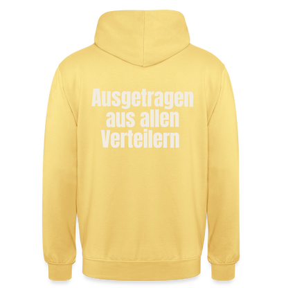 "Ausgetragen aus allen Verteilern" Motiv-Hoodie unisex, Farbe Zitronengelb