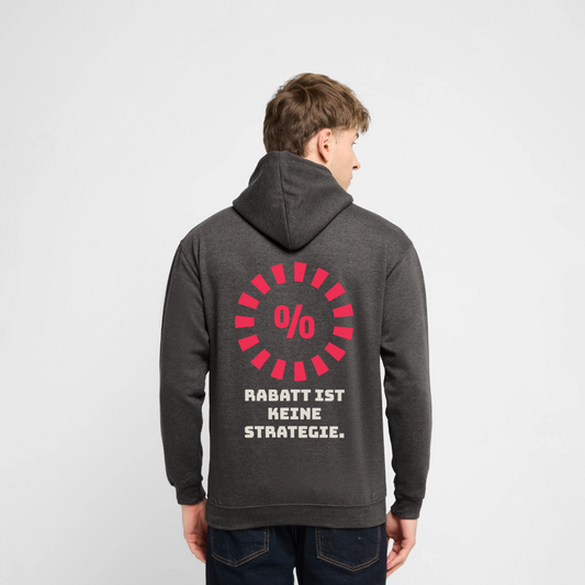 "Rabatt ist keine Strategie." Motiv-Hoodie unisex, Farbe Anthrazit, Model