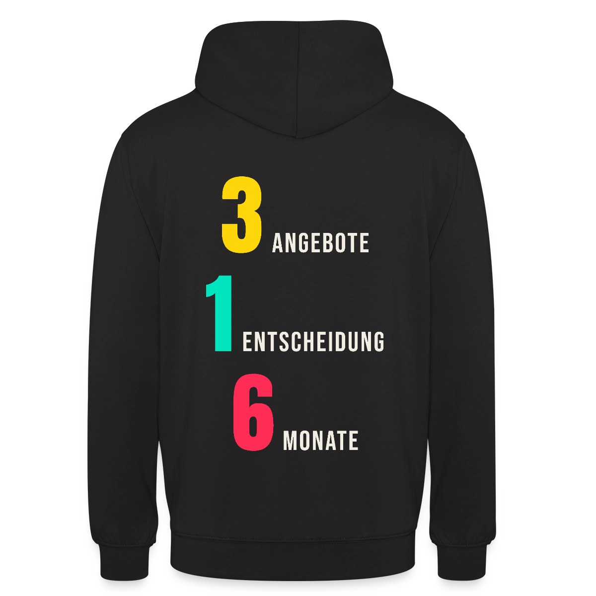 "3 Angebote. 1 Entscheidung. 6 Monate." Motiv-Hoodie unisex, Farbe Schwarz