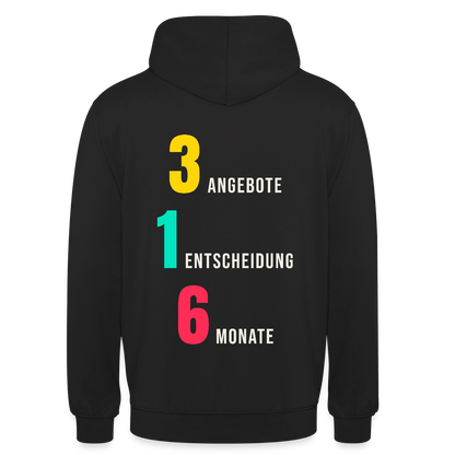 "3 Angebote. 1 Entscheidung. 6 Monate." Motiv-Hoodie unisex, Farbe Schwarz