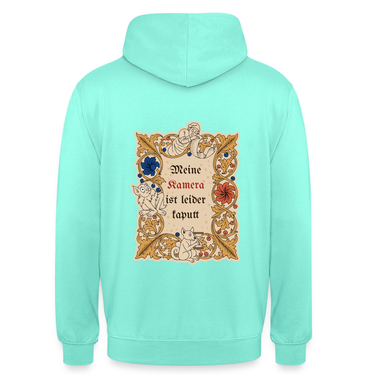 "Meine Kamera ist leider kaputt. Buchmalerei-Motiv" Motiv-Hoodie unisex, Farbe Mint