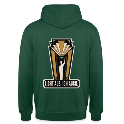 "Licht aus. Ich auch. Art-déco-Motiv" Motiv-Hoodie unisex, Farbe Flaschengrün