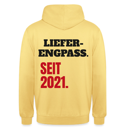 "Lieferengpass. Seit 2021." Motiv-Hoodie unisex, Farbe Zitronengelb