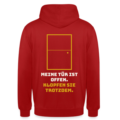 Meine Tür ist offen. Klopfen Sie trotzdem. Motiv-Hoodie unisex, Farbe Rot