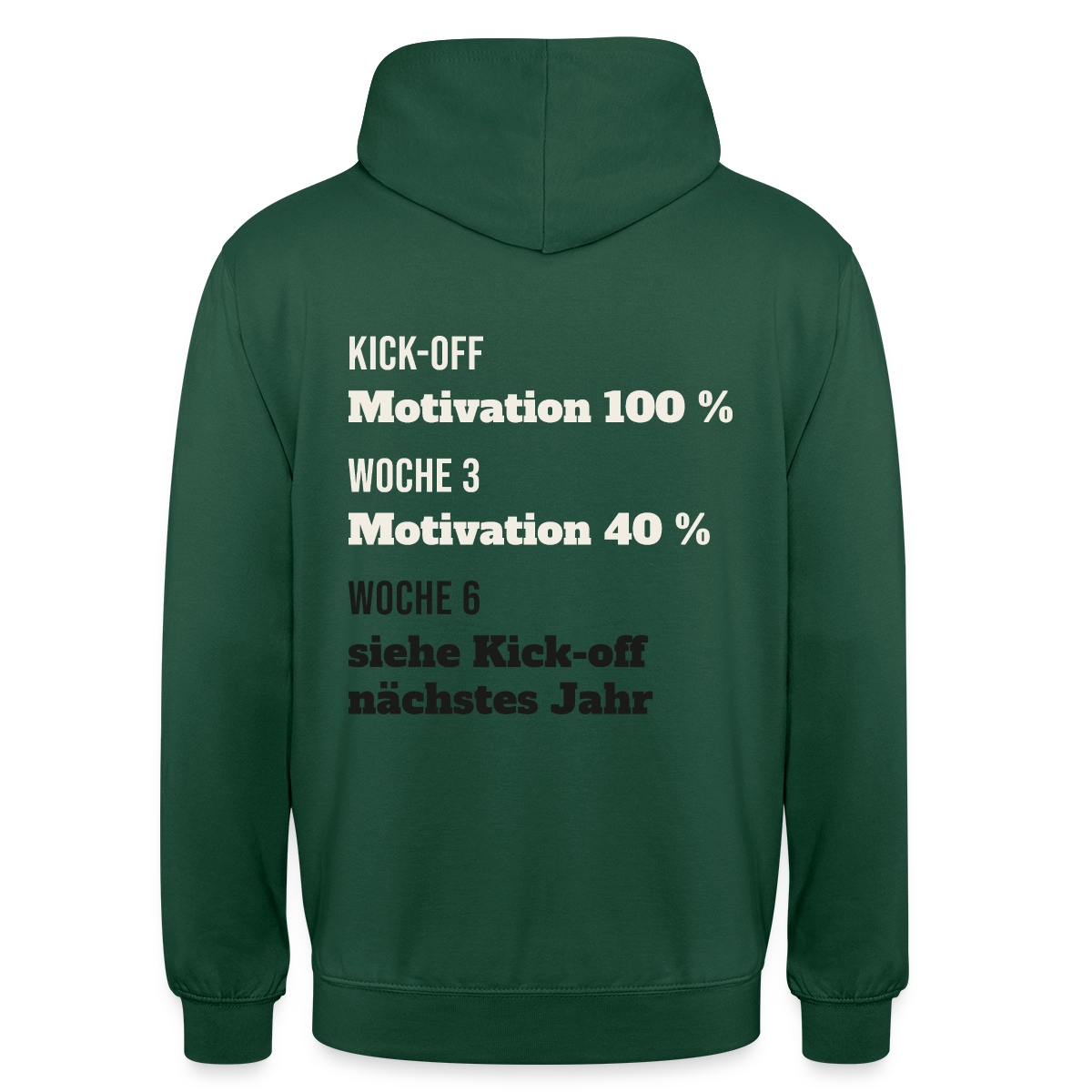 "Kick-off: Motivation 100 %. Woche 3: 40 %. Woche 6: siehe Kick-off nächstes Jahr" Motiv-Hoodie unisex, Farbe Flaschengrün
