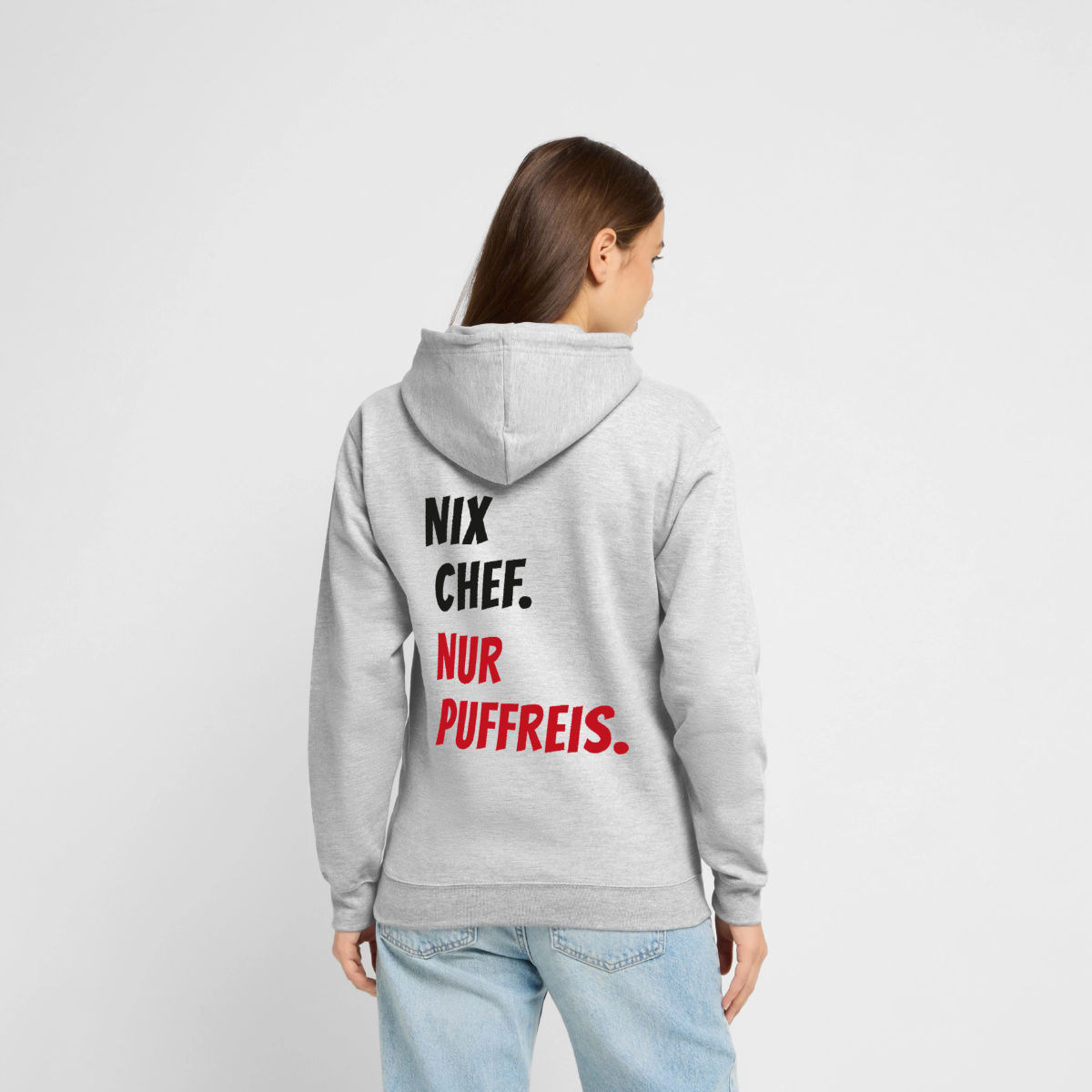 Nix Chef. Nur Puffreis. Motiv-Hoodie unisex, Farbe Hellgrau meliert, Model