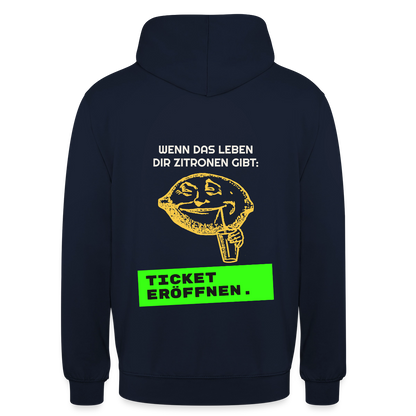 Wenn das Leben dir Zitronen gibt: Ticket eröffnen. Motiv-Hoodie unisex, Farbe Navy