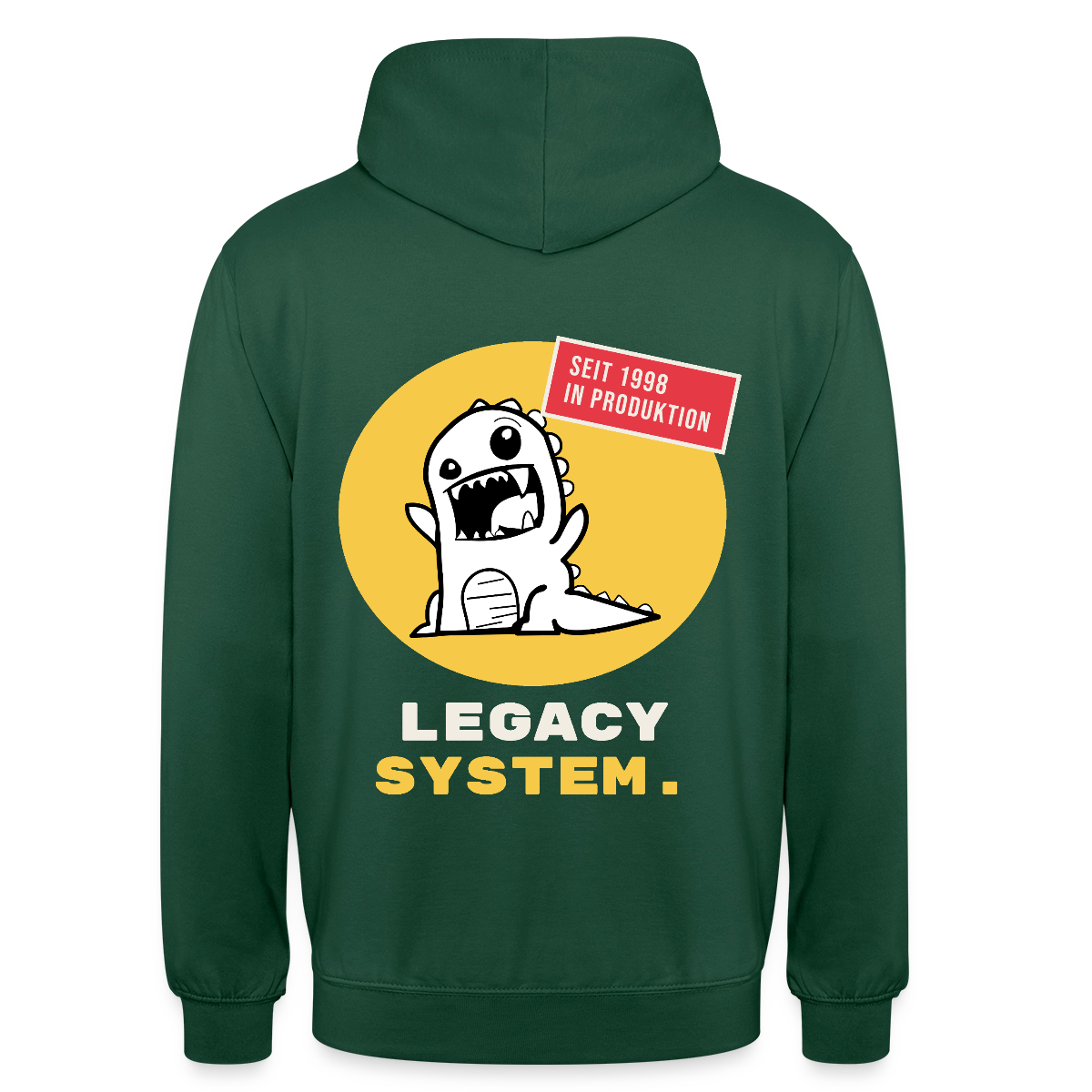 Legacy System. Seit 1998 in Produktion. Motiv-Hoodie unisex, Farbe Flaschengrün