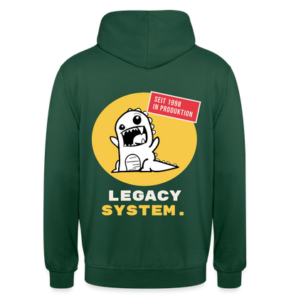 Legacy System. Seit 1998 in Produktion. Motiv-Hoodie unisex, Farbe Flaschengrün