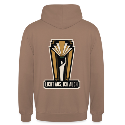 "Licht aus. Ich auch. Art-déco-Motiv" Motiv-Hoodie unisex, Farbe Mokka