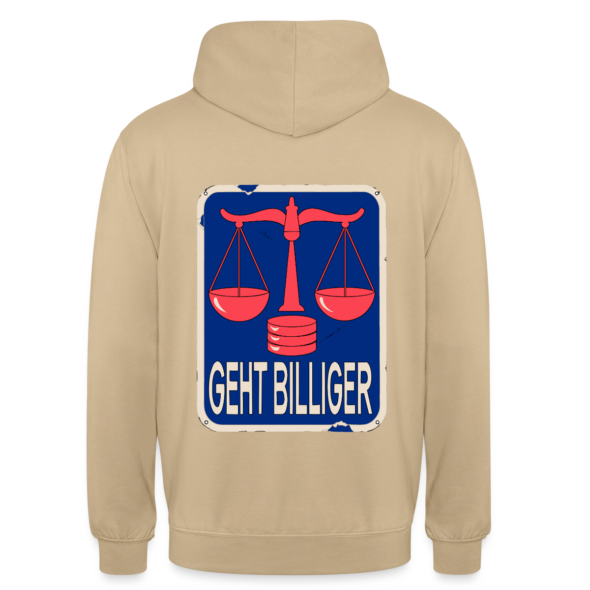 "Geht billiger. Emailschild-Motiv" Motiv-Hoodie unisex, Farbe Beige