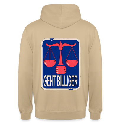 "Geht billiger. Emailschild-Motiv" Motiv-Hoodie unisex, Farbe Beige
