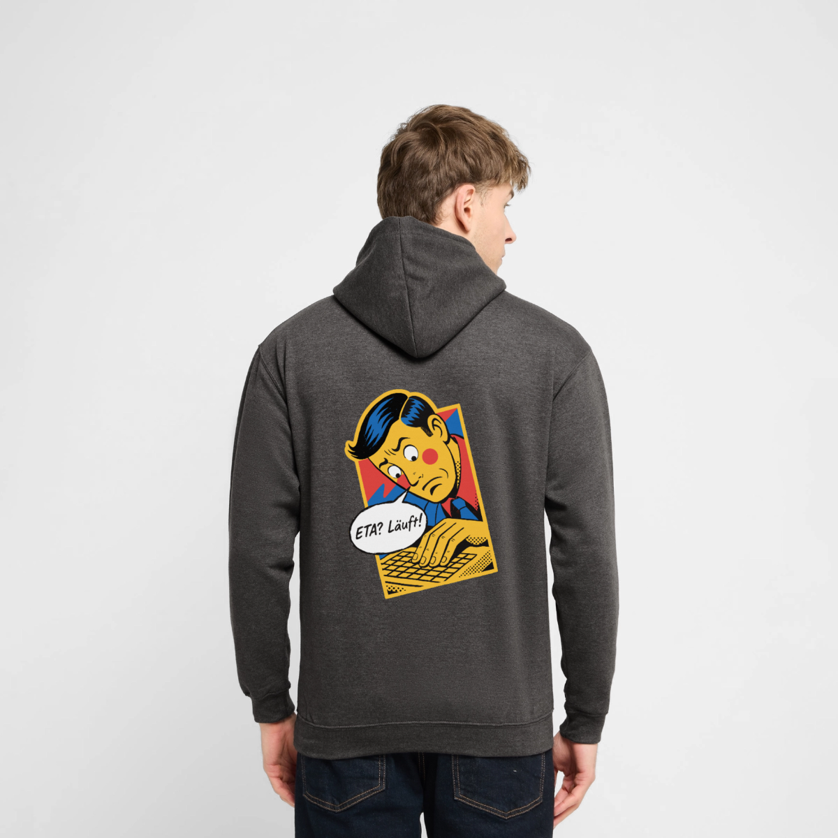"ETA? Läuft! Popart-Motiv" Motiv-Hoodie unisex, Farbe Anthrazit