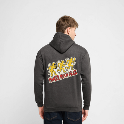 "Immer noch dran. Pop-Art-Motiv" Motiv-Hoodie unisex, Farbe Anthrazit, Model