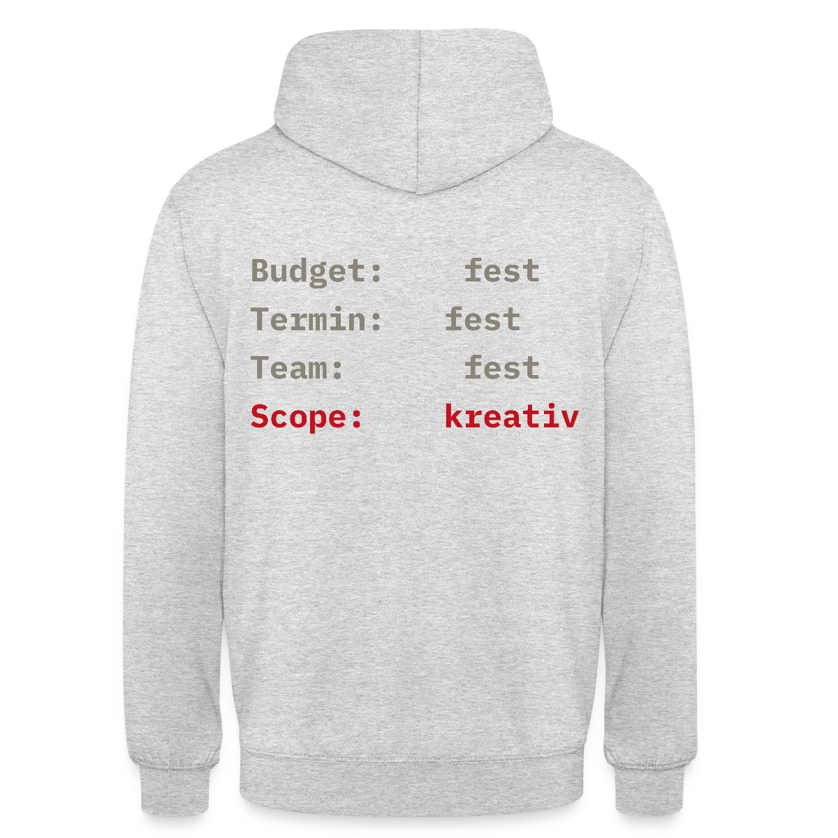 Budget: fest. Termin: fest. Team: fest. Scope: kreativ. Motiv-Hoodie unisex, Farbe Hellgrau meliert
