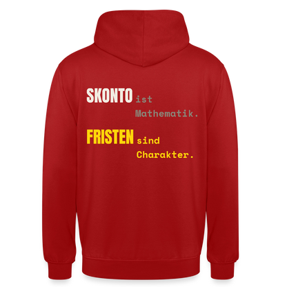 "Skonto ist Mathematik. Fristen sind Charakter." Motiv-Hoodie unisex, Farbe Rot