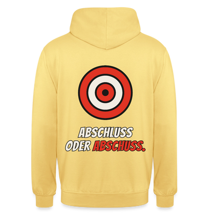 Abschluss oder Abschuss. Motiv-Hoodie unisex, Farbe Zitronengelb