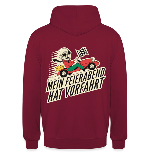 Mein Feierabend hat Vorfahrt. Motiv-Hoodie unisex, Farbe Bordeaux