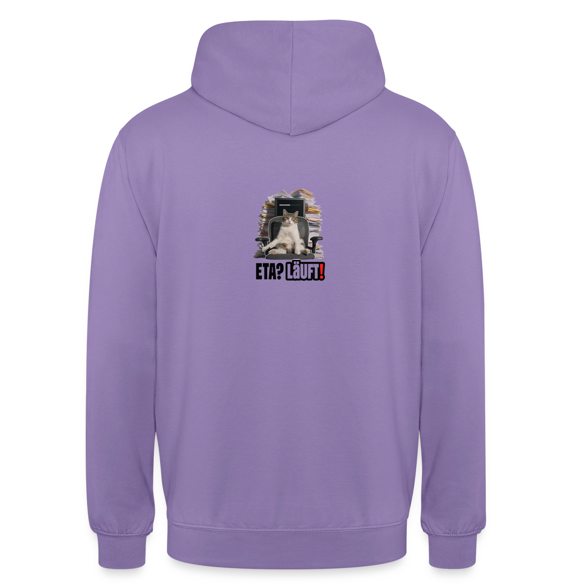 "ETA? Läuft! Bürokatzen-Motiv" Motiv-Hoodie unisex, Farbe Lavendel