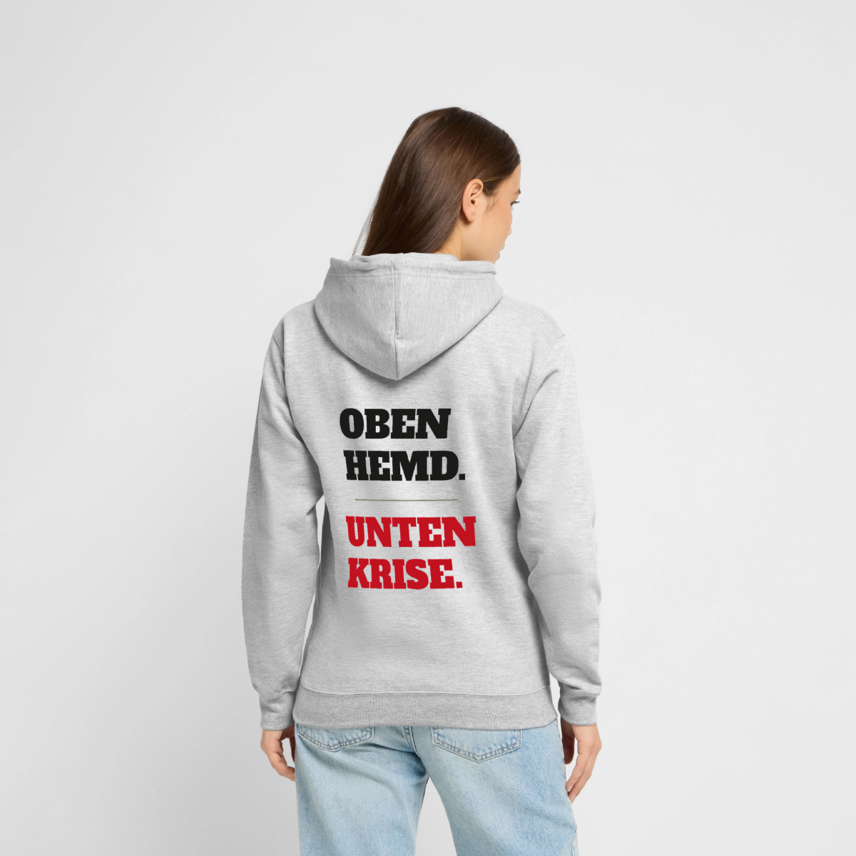 Oben Hemd, unten Krise Motiv-Hoodie unisex, Farbe Hellgrau meliert, Model