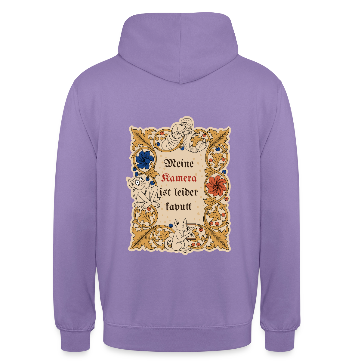 "Meine Kamera ist leider kaputt. Buchmalerei-Motiv" Motiv-Hoodie unisex, Farbe Lavendel