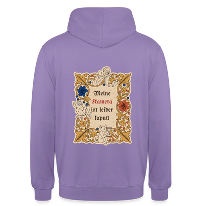 "Meine Kamera ist leider kaputt. Buchmalerei-Motiv" Motiv-Hoodie unisex, Farbe Lavendel