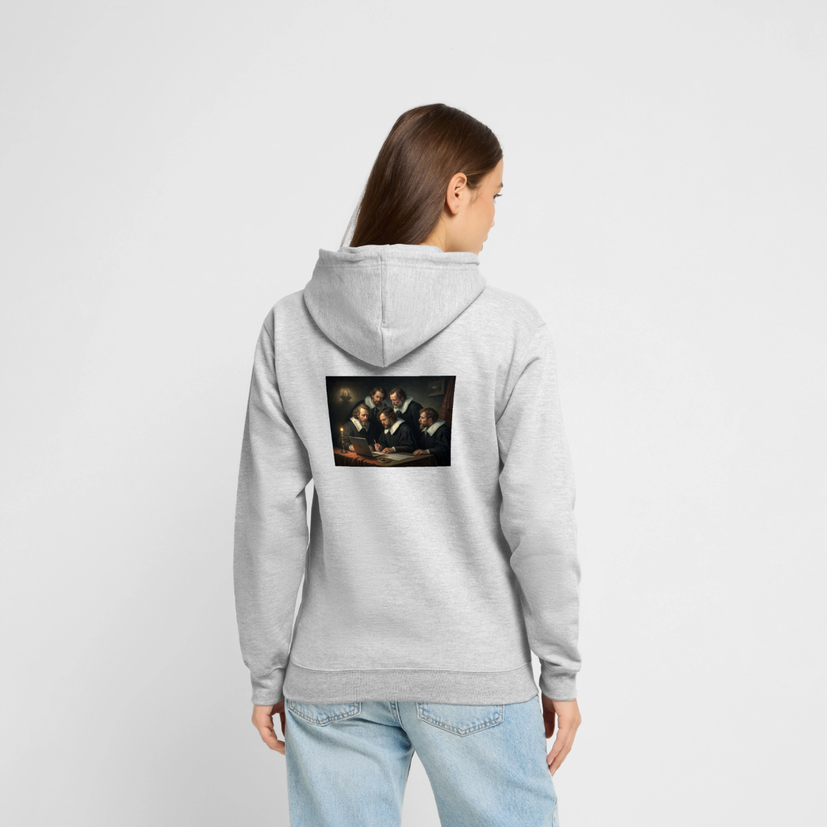 Das Code-Review. Renaissance-Motiv Motiv-Hoodie unisex, Farbe Hellgrau meliert, Model