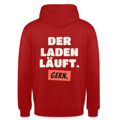 Der Laden läuft. Gern. Motiv-Hoodie unisex, Farbe Rot