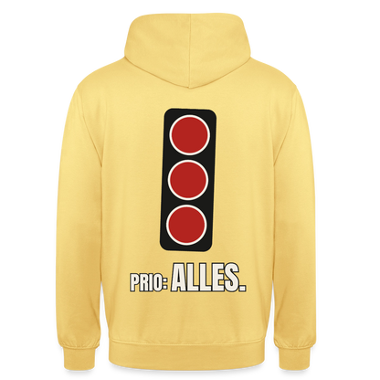 "Prio: alles." Motiv-Hoodie unisex, Farbe Zitronengelb