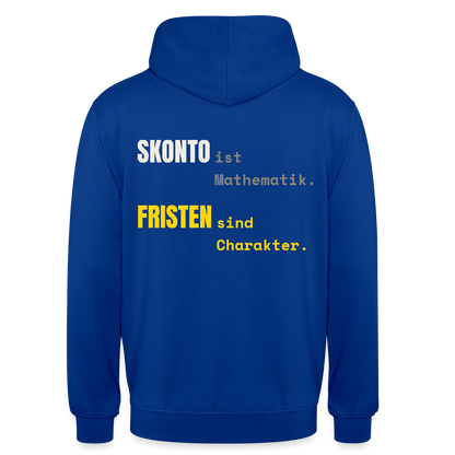 "Skonto ist Mathematik. Fristen sind Charakter." Motiv-Hoodie unisex, Farbe Royalblau