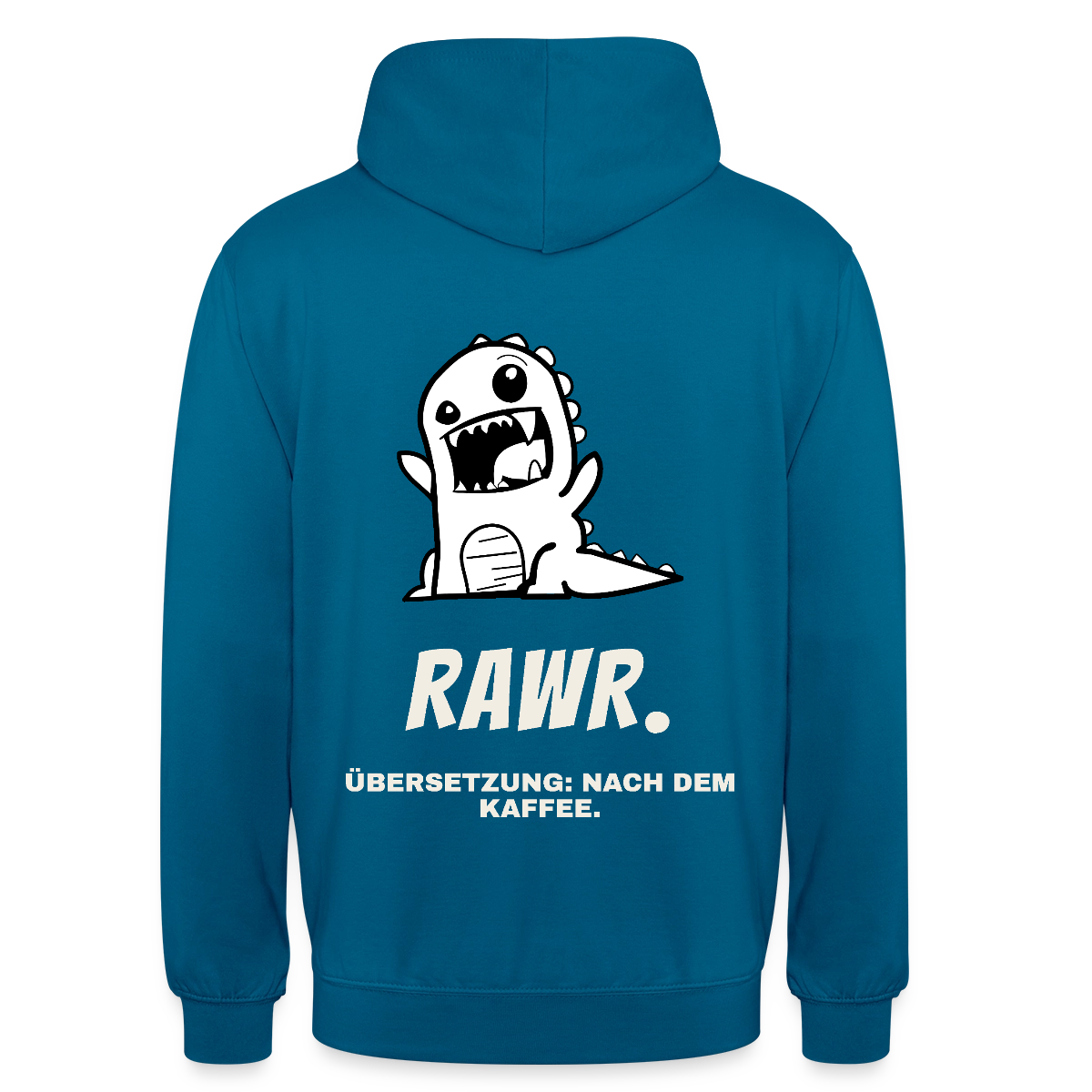 "Rawr. Übersetzung: nach dem Kaffee." Motiv-Hoodie unisex, Farbe Tiefseeblau