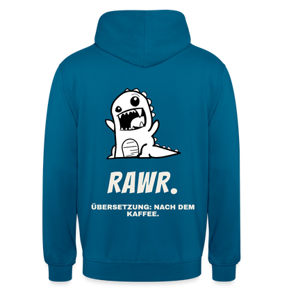 "Rawr. Übersetzung: nach dem Kaffee." Motiv-Hoodie unisex, Farbe Tiefseeblau
