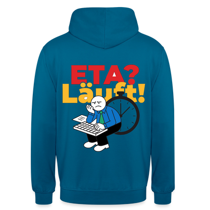 "ETA? Läuft! Strichfiguren-Motiv" Motiv-Hoodie unisex, Farbe Tiefseeblau