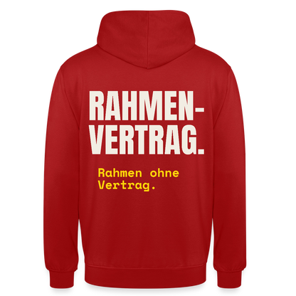 "Rahmenvertrag. Rahmen ohne Vertrag." Motiv-Hoodie unisex, Farbe Rot