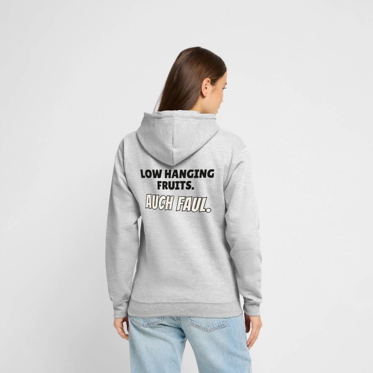 "Low hanging fruits. Auch faul." Motiv-Hoodie unisex, Farbe Hellgrau meliert