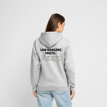 "Low hanging fruits. Auch faul." Motiv-Hoodie unisex, Farbe Hellgrau meliert
