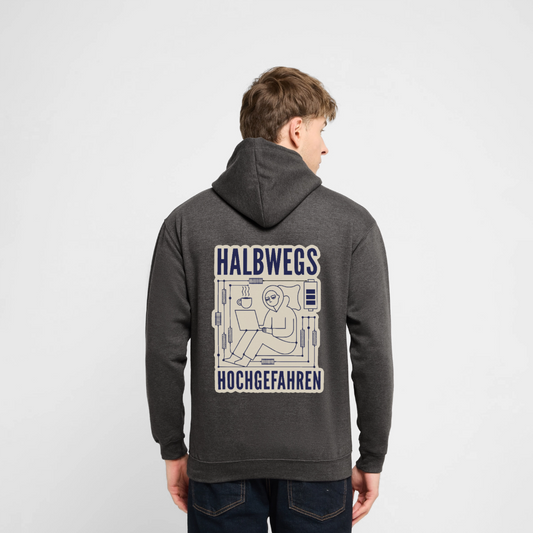 Halbwegs hochgefahren. Motiv-Hoodie unisex, Farbe Anthrazit, Model