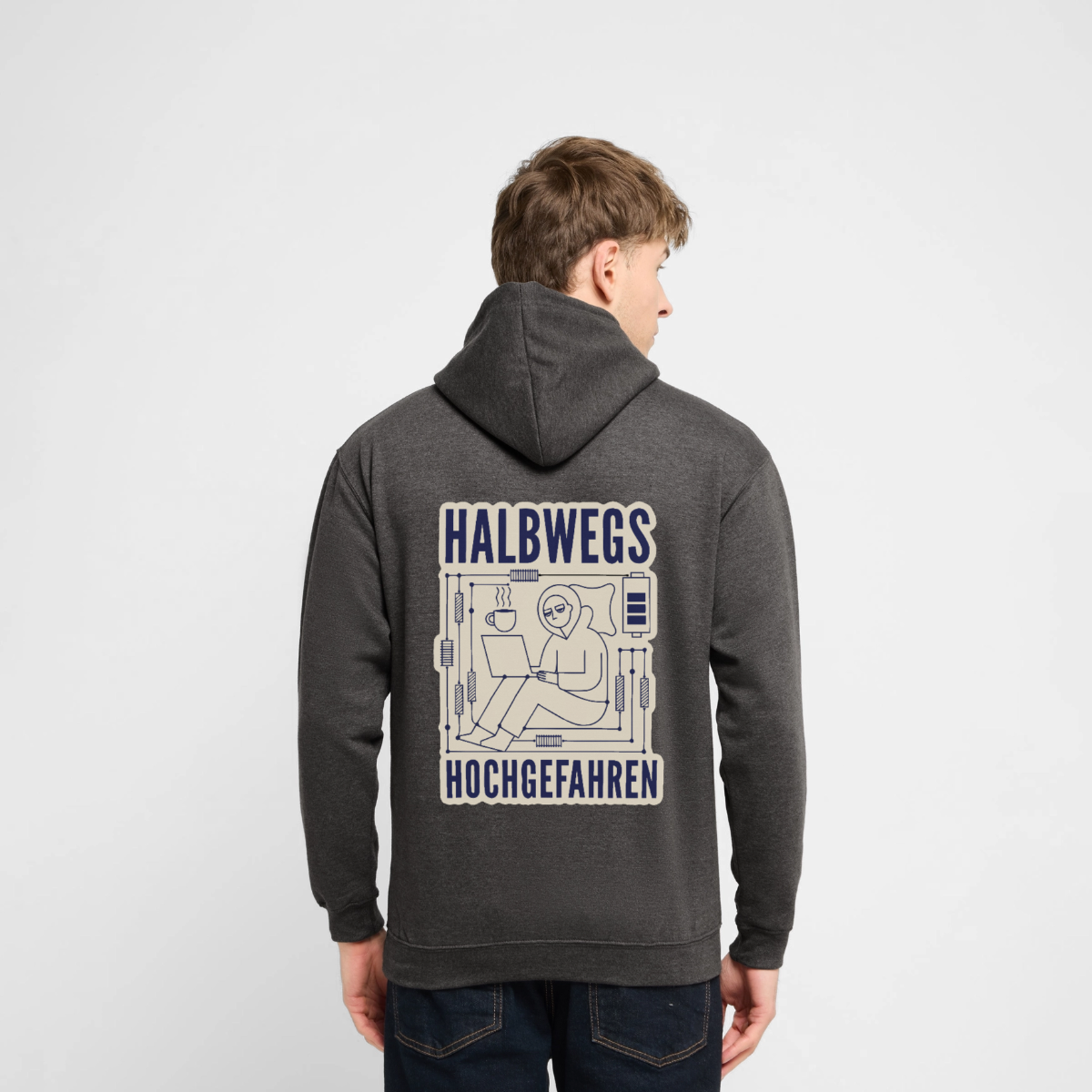 Halbwegs hochgefahren. Motiv-Hoodie unisex, Farbe Anthrazit, Model