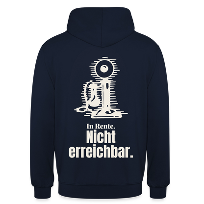 "In Rente. Nicht erreichbar. Strichzeichnung" Motiv-Hoodie unisex, Farbe Navy