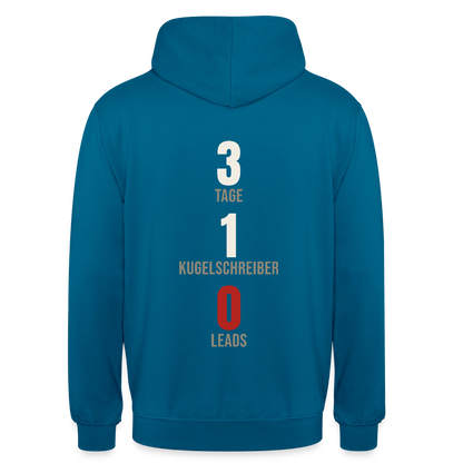 3 Tage. 1 Kugelschreiber. 0 Leads. Motiv-Hoodie unisex, Farbe Tiefseeblau