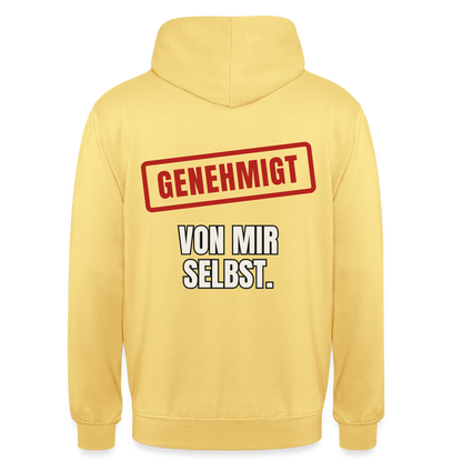 "Genehmigt. Von mir selbst." Motiv-Hoodie unisex, Farbe Zitronengelb