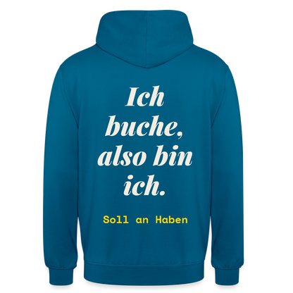 "Ich buche, also bin ich." Motiv-Hoodie unisex, Farbe Tiefseeblau