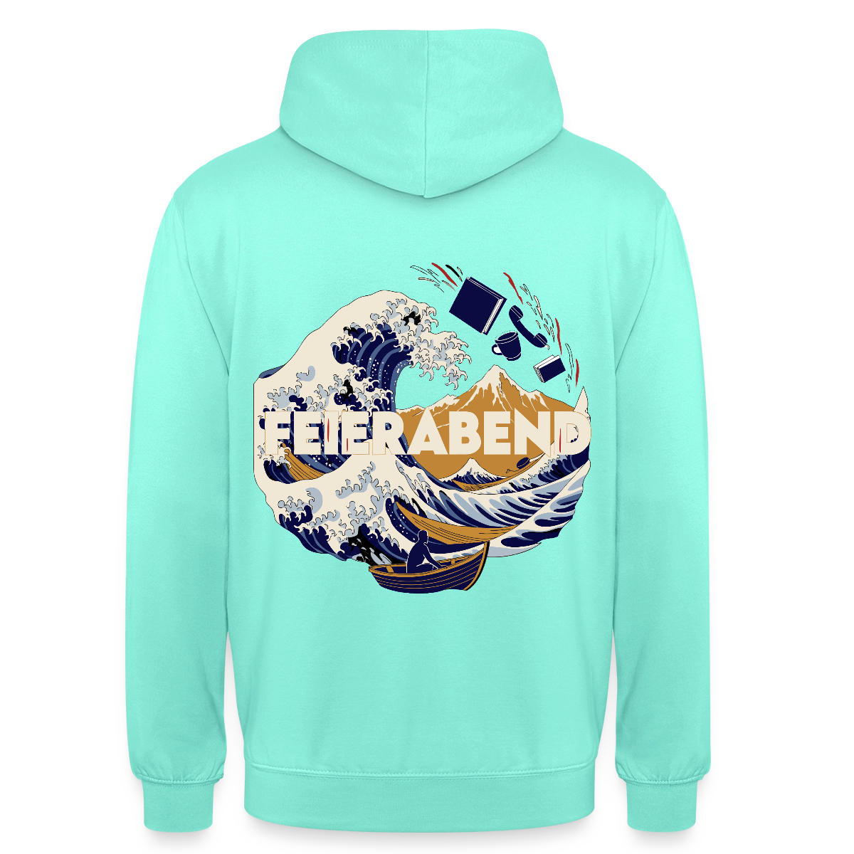 "Feierabend. Ukiyo-e-Motiv" Motiv-Hoodie unisex, Farbe Mint