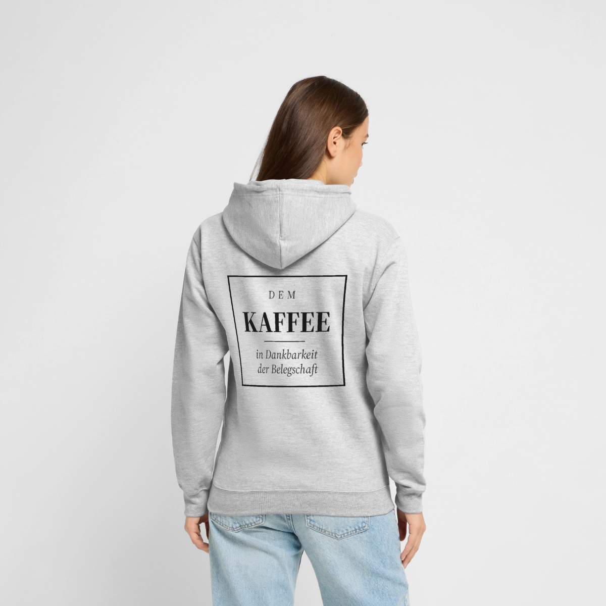 "Dem Kaffee in Dankbarkeit der Belegschaft" Motiv-Hoodie unisex, Farbe Hellgrau meliert, Model