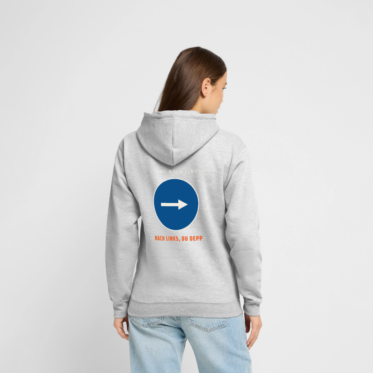 Nach links, du Depp. Piktogramm-Motiv Motiv-Hoodie unisex, Farbe Hellgrau meliert, Model