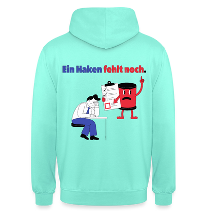 "Ein Haken fehlt noch. Comic-Motiv" Motiv-Hoodie unisex, Farbe Mint