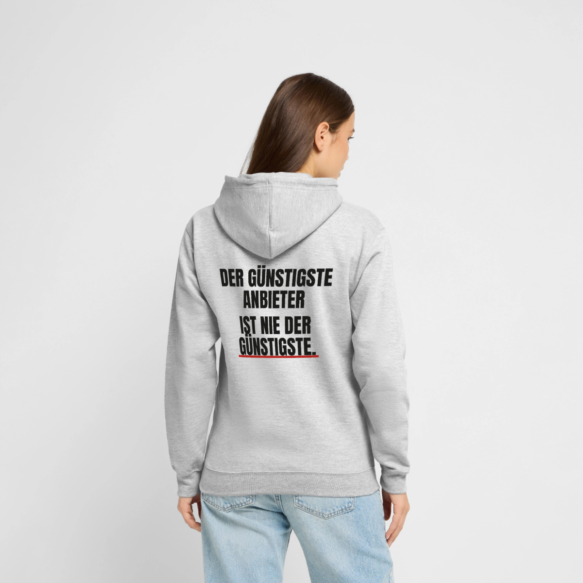 "Der günstigste Anbieter ist nie der günstigste." Motiv-Hoodie unisex, Farbe Hellgrau meliert