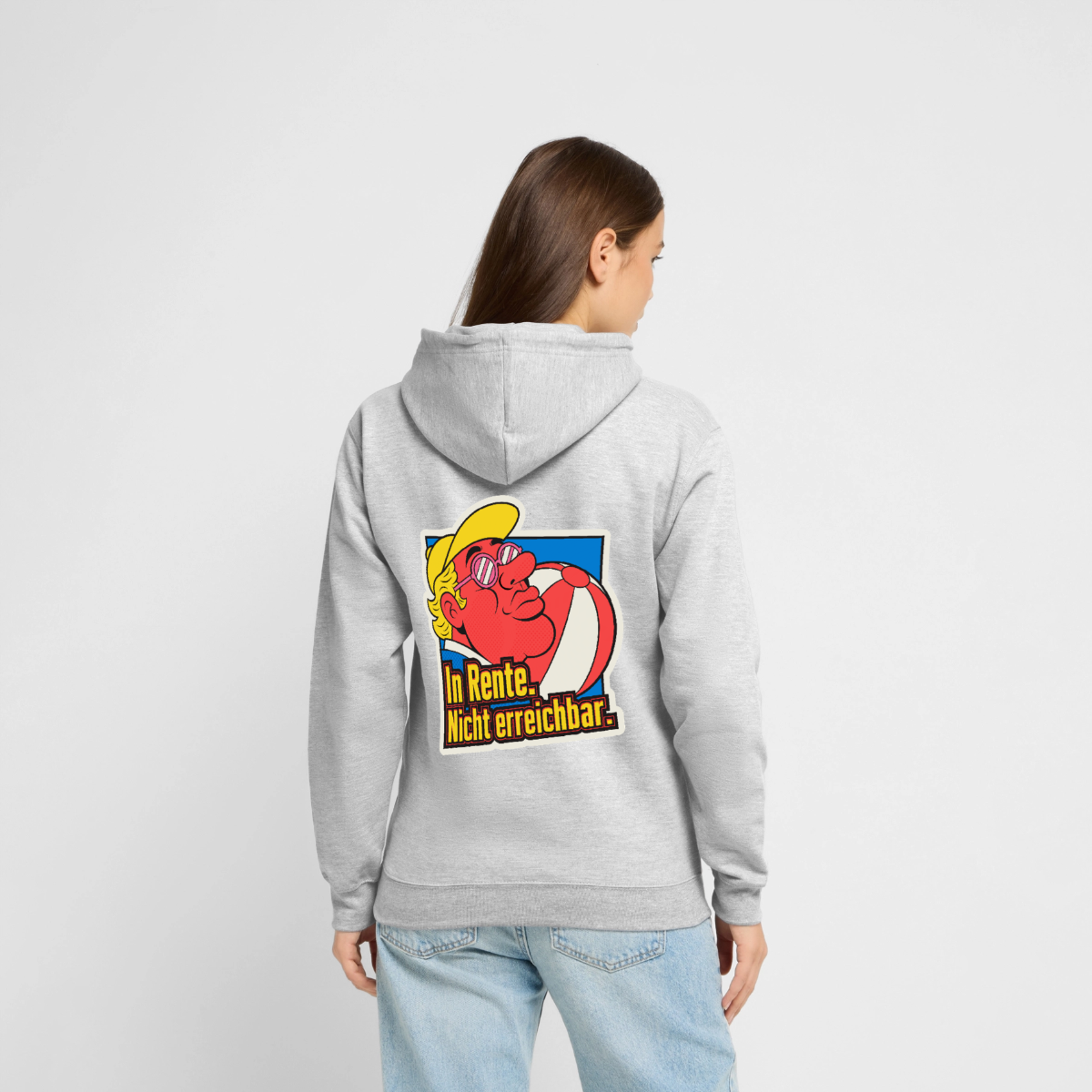 "In Rente. Nicht erreichbar. Popart-Motiv" Motiv-Hoodie unisex, Farbe Hellgrau meliert