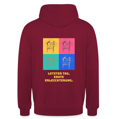 "Letzter Tag. Erste Erleichterung. Popart-Motiv" Motiv-Hoodie unisex, Farbe Bordeaux