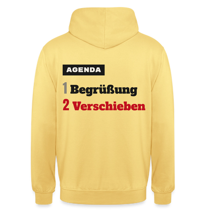Agenda: 1 Begrüßung, 2 Verschieben Motiv-Hoodie unisex, Farbe Zitronengelb